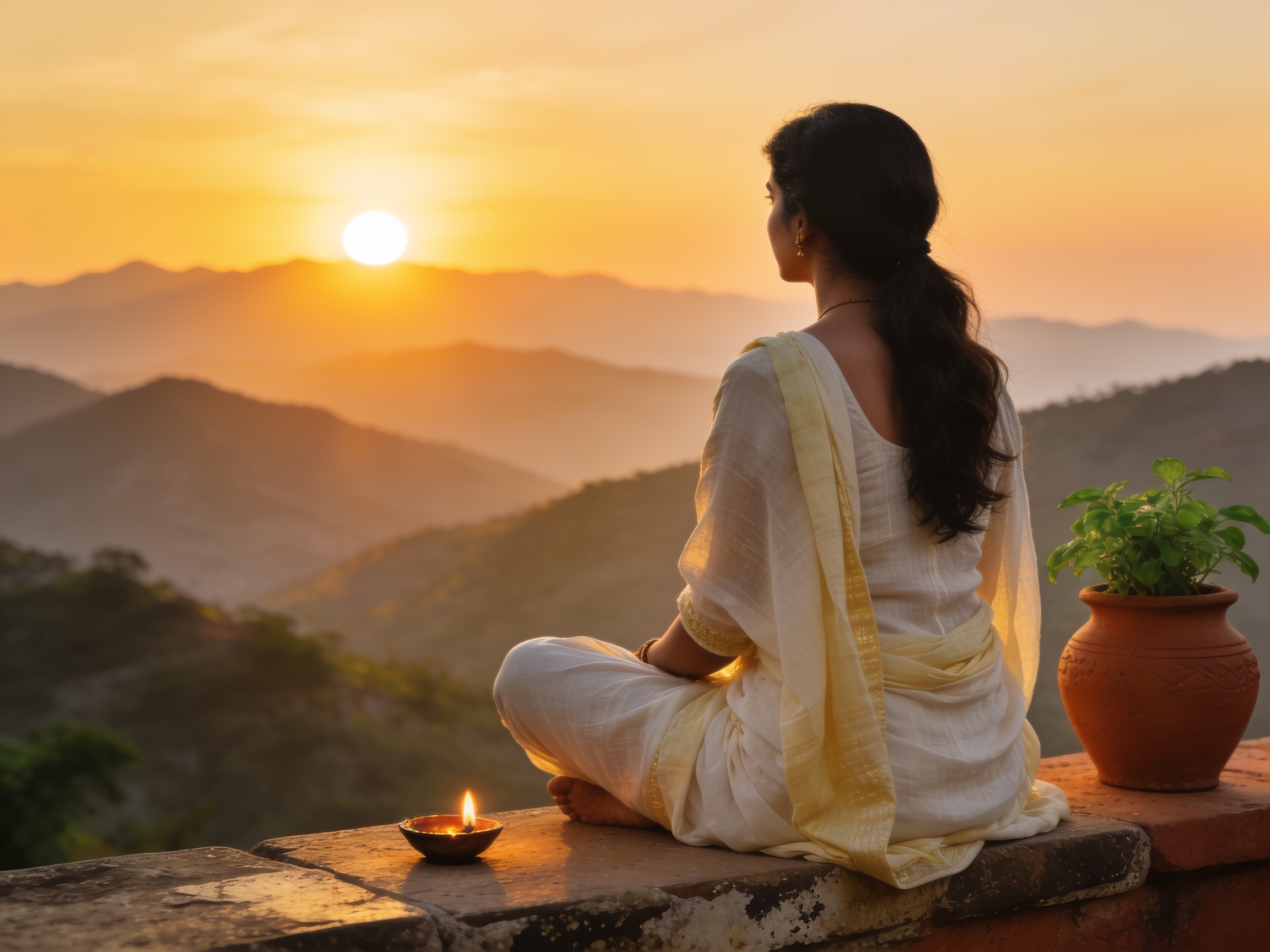 Woman meditating at sunrise, representing spiritual clarity
